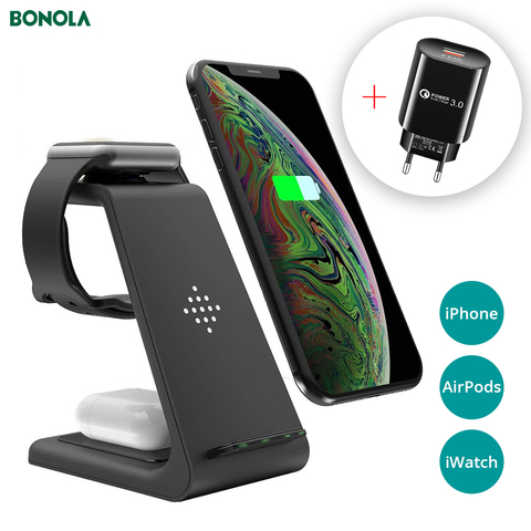Qi 3 in1 T3 Wireless Charger Station for iPhone11/XR/Xs/AirPods3/iWatch5 Fast Wireless Charging Stand For Samsung S10/Watch/Buds ► Photo 1/6
