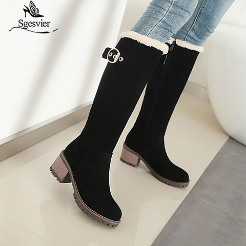 SgesvierWomen Boots Female Winter Shoes Woman Fur Warm Snow Boots Fashion Square High Heels knee high Boots Black Boots ► Photo 1/6