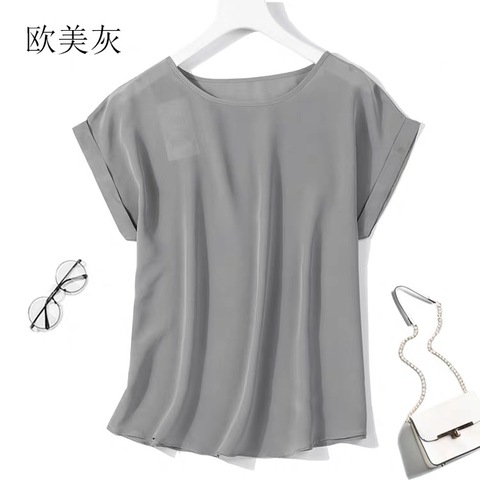 Women's 100% Pure Silk Round Neck Top Blouse Shirt Short sleeve Plus Size L-3XL JN001 ► Photo 1/6