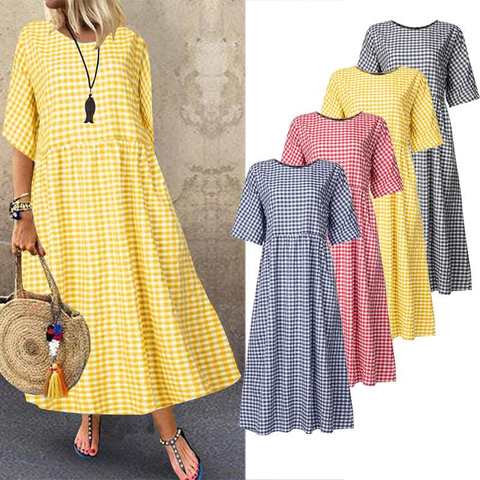 2022 Bohemian Women Dress ZANZEA Vintage Plaid Check Casual Cotton Linen Vestidos Long Maxi Dresses Beach Party Summer Sundress ► Photo 1/6