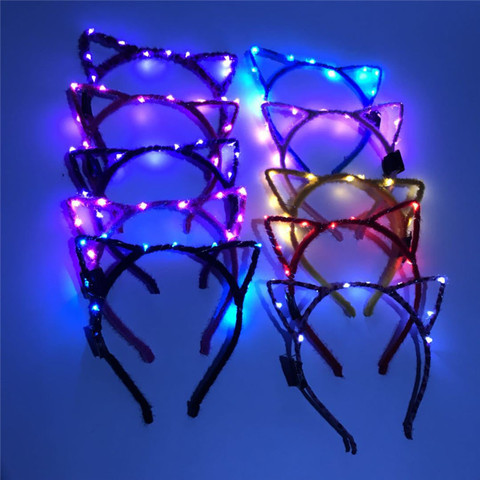 Women Girls LED Flashing Cute Pointed Cat Fox Ears Hair Hoop Glowing String Lights Plush Cloth Wrapped Headband Party Supplies ► Photo 1/6