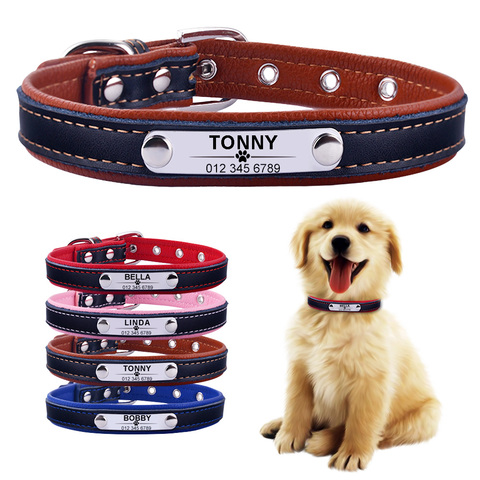 AiruiDog Adjustable Personalized Dog Collar Leather Puppy ID Name Custom Engraved XS-L Personalised Dog Collar ► Photo 1/6