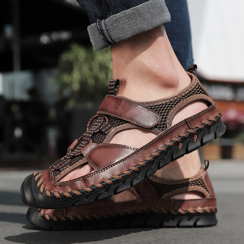 Men Brand Genuine Leather Summer New Casual Flat Sandals Roman Beach Footwear Male Sneakers Low Wedges Shoes Big Size 38-48 ► Photo 1/6