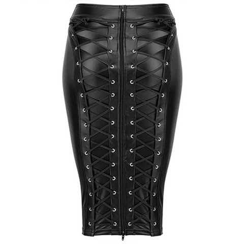 Womens Knee Length Wet Look Plus Size Black PU Leather Skirt 2022 Back Lace Up Zipper Bandage Bodycon Faux Leather Skirts Ladies ► Photo 1/6