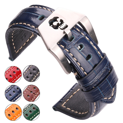 6 Colors Cowhide Watchbands 22mm 24mm Genuine Leather Women Men Watch Band Strap Metal Skull Hollow Buckle Watch Accessories ► Photo 1/6