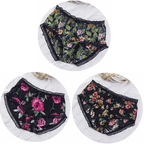 3Pcs/lot Thin Intimates Soft Breathable Girls Underwears flower print plus size 5XL Sexy  Lingeries   Women's Panties sets ► Photo 1/6
