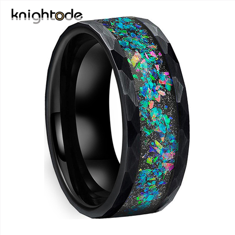 8mm Tungsten Carbide Hammered Rings Galaxy Series Opal Inlay for Lovers Wedding Bands Brushed Facets Available in Black/Silvery ► Photo 1/6