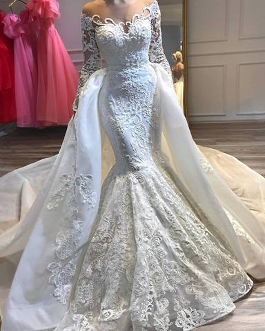 Dubai Arabic White Mermaid Wedding Dresses With Detachable Train Sheer Neck Long Sleeve Lace Beaded Bling Long Train Bridal Gown ► Photo 1/6