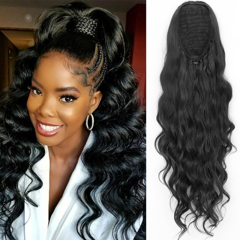 MerisiHair Long Black Drawstring Wavy Ponytail Hair Synthetic Ponytail Extension African American for Women Body Wavy Ponytail ► Photo 1/6