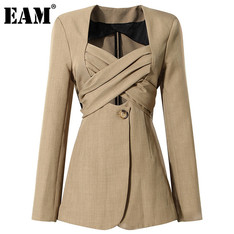 [EAM]  Women Khaki Bow Cross Bandage Blazer New V-neck Long Sleeve Loose Fit  Jacket Fashion Tide Spring Autumn 2022 1DD3607 ► Photo 1/6