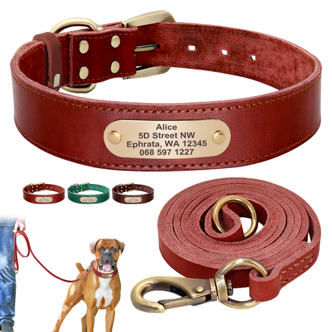 Custom Leather Dog Collar Leash Set Personalized Pet Collar Leash Free Engraved Nameplate For Small Medium Large Dogs ► Photo 1/6