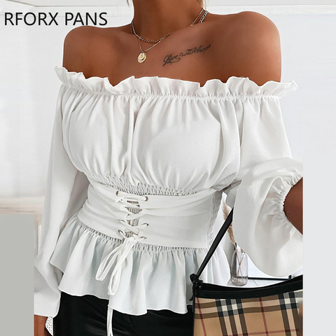 Off Shoulder Lace-up Front Ruffles Casual  Blouse Plus Size Tops Spring Tops and Blouses ► Photo 1/5