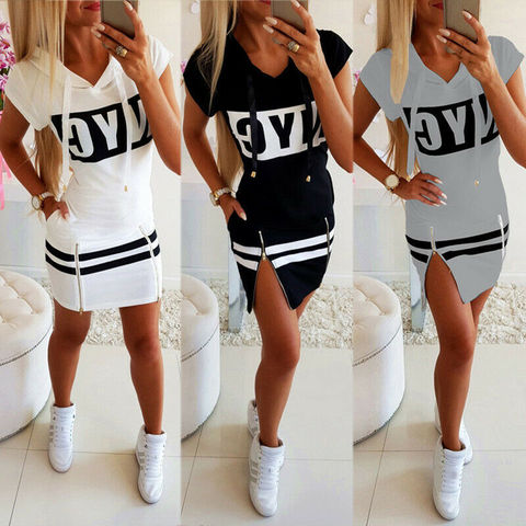 2022 Hooded Women Summer Dress Short Sleeve Letter Print Zipper Hoodies Lady Casual Sport Vestidos Fashion Female Mini Dresses ► Photo 1/6