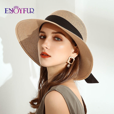 ENJOYFUR Summer sun straw hats for Women Wide Brim Ribbon Bow Beach hat female fashion UV UPF Sun Protection hats for travel ► Photo 1/6