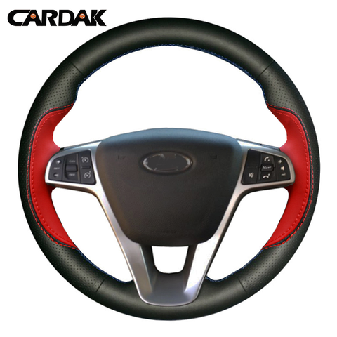 CARDAK DIY Hand-Stitched Black Red Artificial Leather Car Steering Wheel Cover for Lada Vesta SW 2015 2016 2017 Lada X-Ray ► Photo 1/6