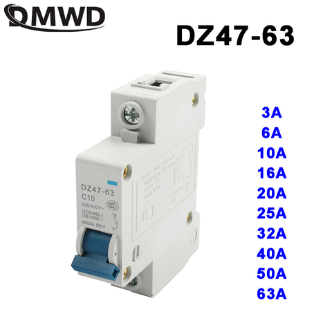 DMWD DZ47-63 3A 6A 10A 16A 20A 25A 32A 40A 63A 1P AC 230V Or 400V Mini Circuit Breaker MCB Cutout Switch Breaker Switch Chopper ► Photo 1/1