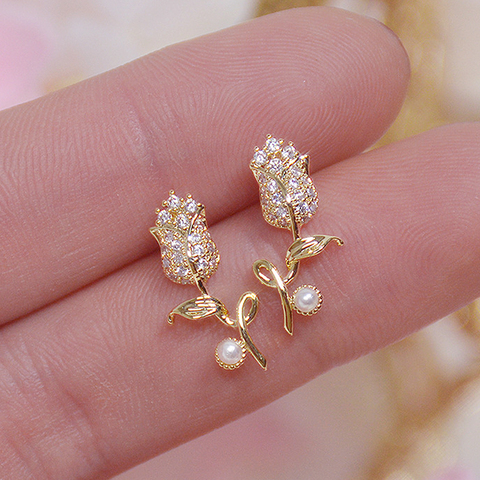 Ins Hot Sale Exquisite CZ Rose Flower Women Earring Shine AAA Zircon 14K Real Gold Bohemia Stud Earring Wedding Birthday Gift ► Photo 1/6