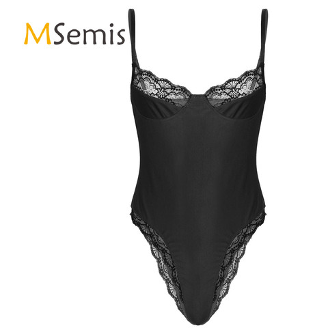 Mens Lace Trimming Bodycon Bodysuit Sissy Adjustable Spaghetti Strap Sleeveless Unlined Wireless Bra Leotard Lingerie Underwear ► Photo 1/6