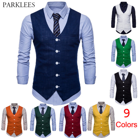 Mens Slim Fit Single Breasted Suit Vest 2022 Brand New Formal Dress Business Wedding Vest Waistcoat Men Solid Color Gilet Homme ► Photo 1/6