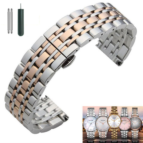 Metal Stainless Steel Watch Band Wrist Strap 16mm 18mm 20mm 22mm Butterfly Clasp Bracelet Men Women Black Rose Gold with Pins ► Photo 1/6