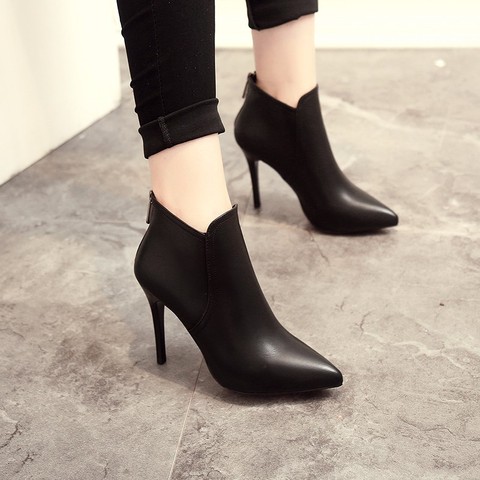 New Women Boots Ankle PU Leather Zipper Booties High Heels Autumn Shoes Black Winter Boots Zapatos De Mujer Pointed Toe ► Photo 1/6