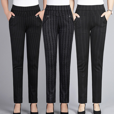 Spring Autumn Middle Aged Women Elastic Waist Casual Straight Pants Female Trousers Plus Size 5XL Lady Stripe Pencil Pants W1833 ► Photo 1/6