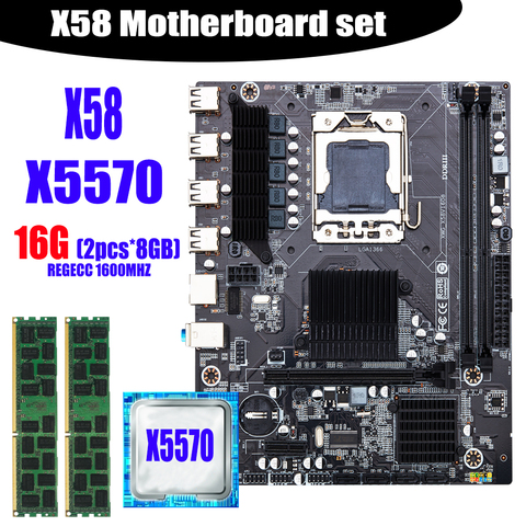 X58 desktop motherboard LGA1366 set kit with Intel xeon X5570 processor and 16Gb(2pcs*8GB) ECC DDR3 1600mhz 12800R RAM memory ► Photo 1/6