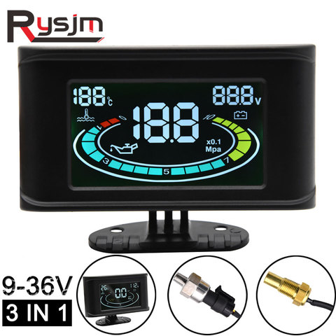 LCD 3 in 1 Gauge Oil Pressure Gauge + Voltmeter Voltage Gauge + Water Temperature Gauge Sensor 10mm npt 1/8 oil press meter 12v ► Photo 1/6