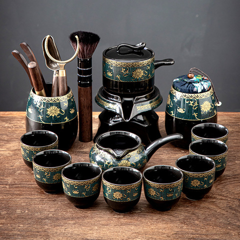 Ceramic Stone Grinding Semi-automatic Kung Fu Tea Set Creative Wisteria Gilding Tea Ceremony Supplies ► Photo 1/6