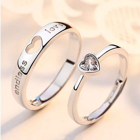 2pcs/Set Adjustable Heart-Shaped Letter Copper 30% Silver Plated Crystal Couple Ring Men Women Jewelry Wholesale Dropshipping ► Photo 1/6