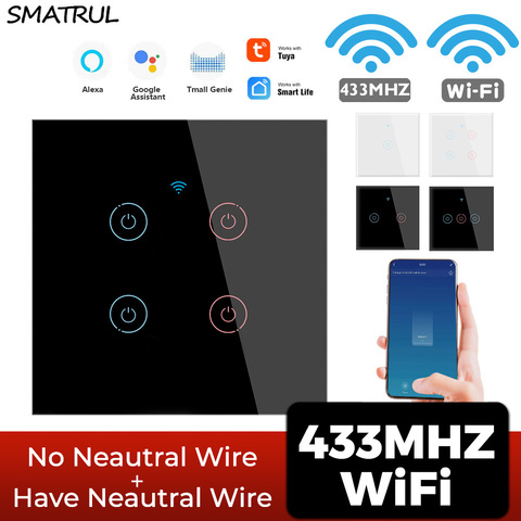 SMATRUL Tuya Smart Wifi Touch Wall Wireless Switch No Neutral Wire Required 1/2/3/4Gang Light 220V RF 433 For Google Home Alexa ► Photo 1/6