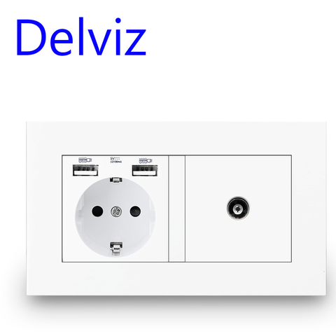 Delviz TV Wall Socket Cable Interface, Home decoration 16A Grounded With Female TV Jack,146mm*86mm, EU Standard USB Power Socket ► Photo 1/2