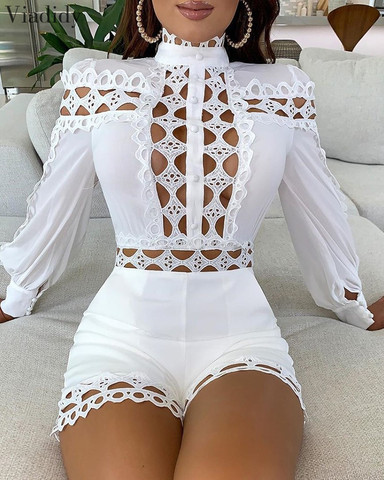 Lace Patchwork Long Sleeve Hollow Out Playsuits White Black Women Regular Rompers ► Photo 1/6