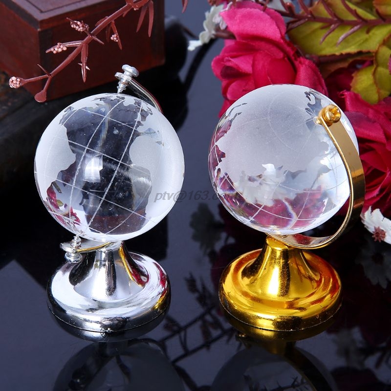 Round Earth Globe World Map Crystal Glass Clear Paperweight Stand Desk Decor ！ 