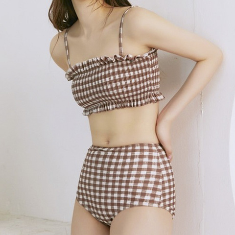 Women's Two Pieces Swimsuit Plaid Bandeau Halter Wire Padded Full Ruffle Top High Waist Bottom Bathing Suit Swimwear ► Photo 1/2