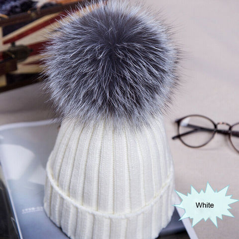 Women Fur Pom Winter Warm Beanie Knitted Large Faux Fur Pom Hats Bobble Skullies Hat Ski Thick White Black Cap Ladies Beanies ► Photo 1/6