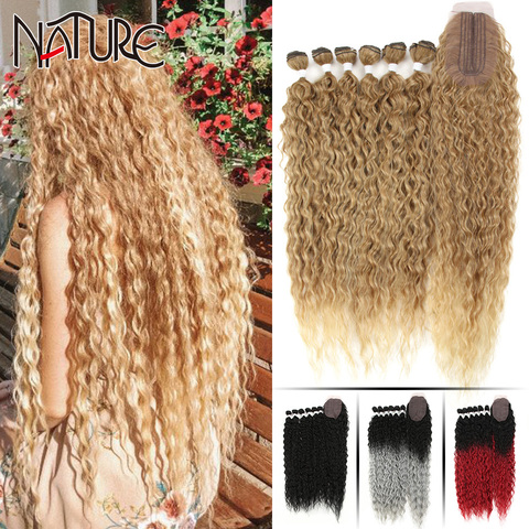 Nature Hair Afro Kinky Curly Hair Bundles Extensions With Closure Ombre Golden 30inch Soft Super Long Hair Synthetic Wave Hair ► Photo 1/6