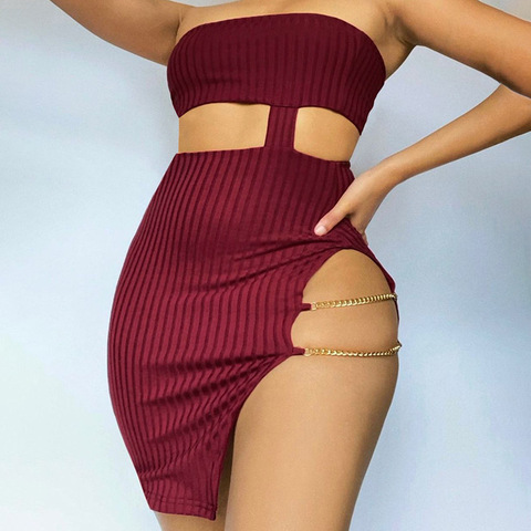 Irregular Knitting Mini Dress Spring Summer Newest Stylish Tube Top Hollow Out Split Ribbed Chain Sexy Bodycon Bandage Vestidos ► Photo 1/3