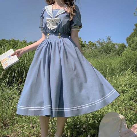 Harajuku Sailor Collar Navy Dress Japanese Lolita Sweet Bow-knot Girl retro Cotton Kawaii Preppy Style Long Sleeve Dress ► Photo 1/6
