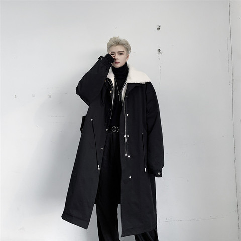 Men Winter Splice Lambswool Collar Loose Long Parka Overcoat Cotton Padded Trench Coat Male Streetwear Hip Hop Jacket Outerwear ► Photo 1/6