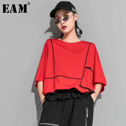 [EAM] Women Red Pocket Split Joint Big Size T-shirt New Round Neck Three-quarter Sleeve  Fashion Tide Spring Summer 2022 1U622 ► Photo 1/6