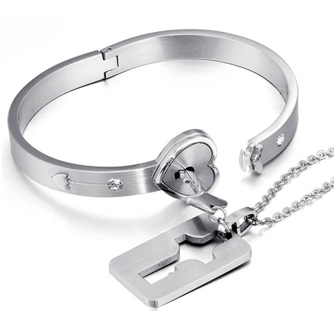 2Pcs/Set Couple Lovers Jewelry Love Heart Lock Bracelet Stainless Steel Bracelets Bangles Key Pendant Necklace Jewelry ► Photo 1/6