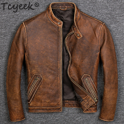 Tcyeek 100% Real Leather Coat Men Autumn Winter Clothes 2022 Streetwear Genuine Cow Leather Jacket Mens Fit Moto Biker Coats 681 ► Photo 1/6