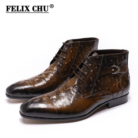 FELIX CHU Fashion 2022 Design Genuine Leather Men Ankle Boots Crocodile Pattern Lace Up Dress Shoes Black Brown Man Basic Boots ► Photo 1/6