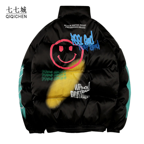 Padded Cotton Parkas Men Graffiti Print Bear Streetwear Hip Hop Casual Thick Warm Smiley Jackets Coats Male Winter Windbreaker ► Photo 1/6