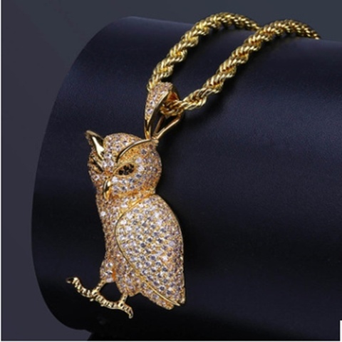 Owl Necklace Brass Golden Ice Out Micro Pillow Cubic Zircon 24 Inch Rope Charm Chain Men ► Photo 1/4