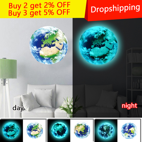 New Fluorescent blue earth Moon Cartoon DIY 3d Wall Stickers for kids rooms decoration bedroom Home decor Living Room ► Photo 1/6