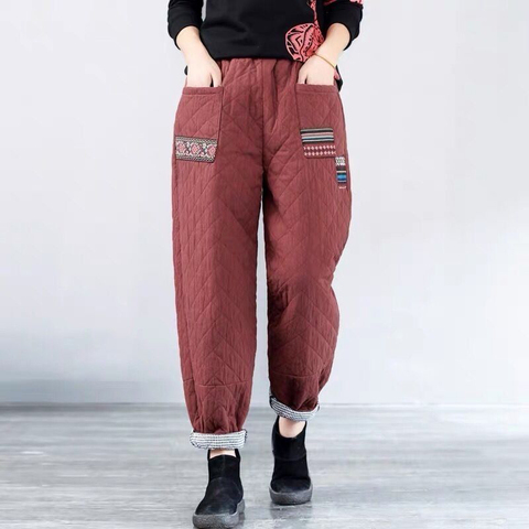 Autumn Winter New Arts Style Women Elastic Waist Harem Pants Quilted Thicken Warm Casual Pants Loose Vintage Trousers S527 ► Photo 1/6