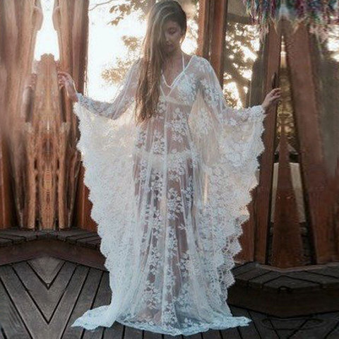 Sexy Transparent V-Back Long Loose Beach Dress Plus Size Women Summer Beachwear Batwing Sleeve Maxi Dress robe de plage Q673 ► Photo 1/6