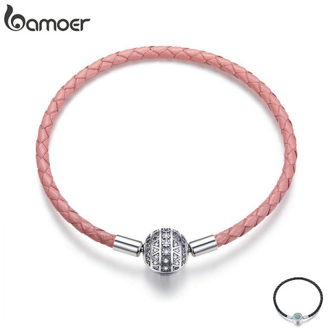 BAMOER Genuine 925 Sterling Silver Round Clasp Dazzling Clear CZ Leather Bracelets for Women Sterling Silver Jewelry SCB114 ► Photo 1/6